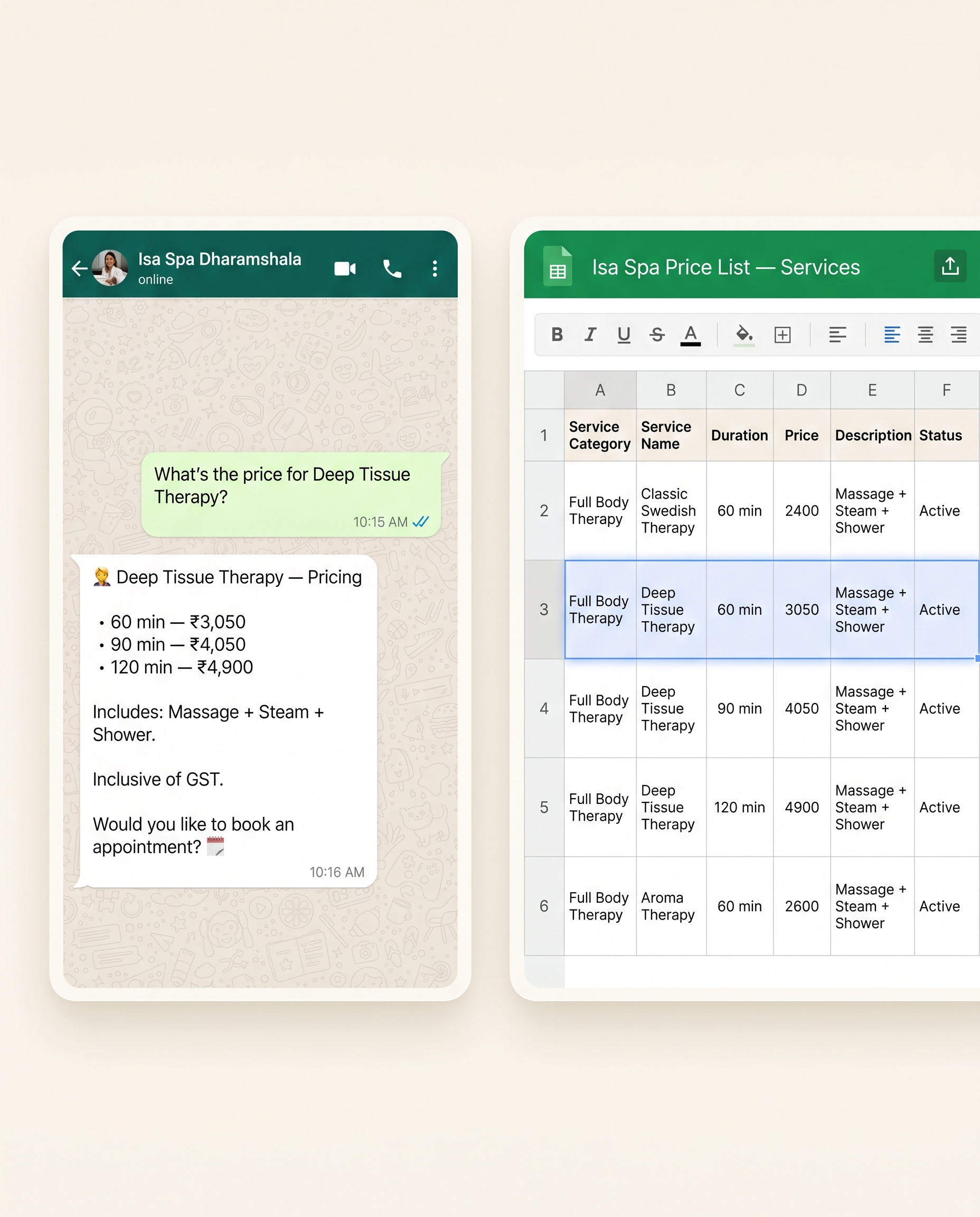Reads your live pricing sheet. Edit a price; Babot quotes the new rate the same minute.