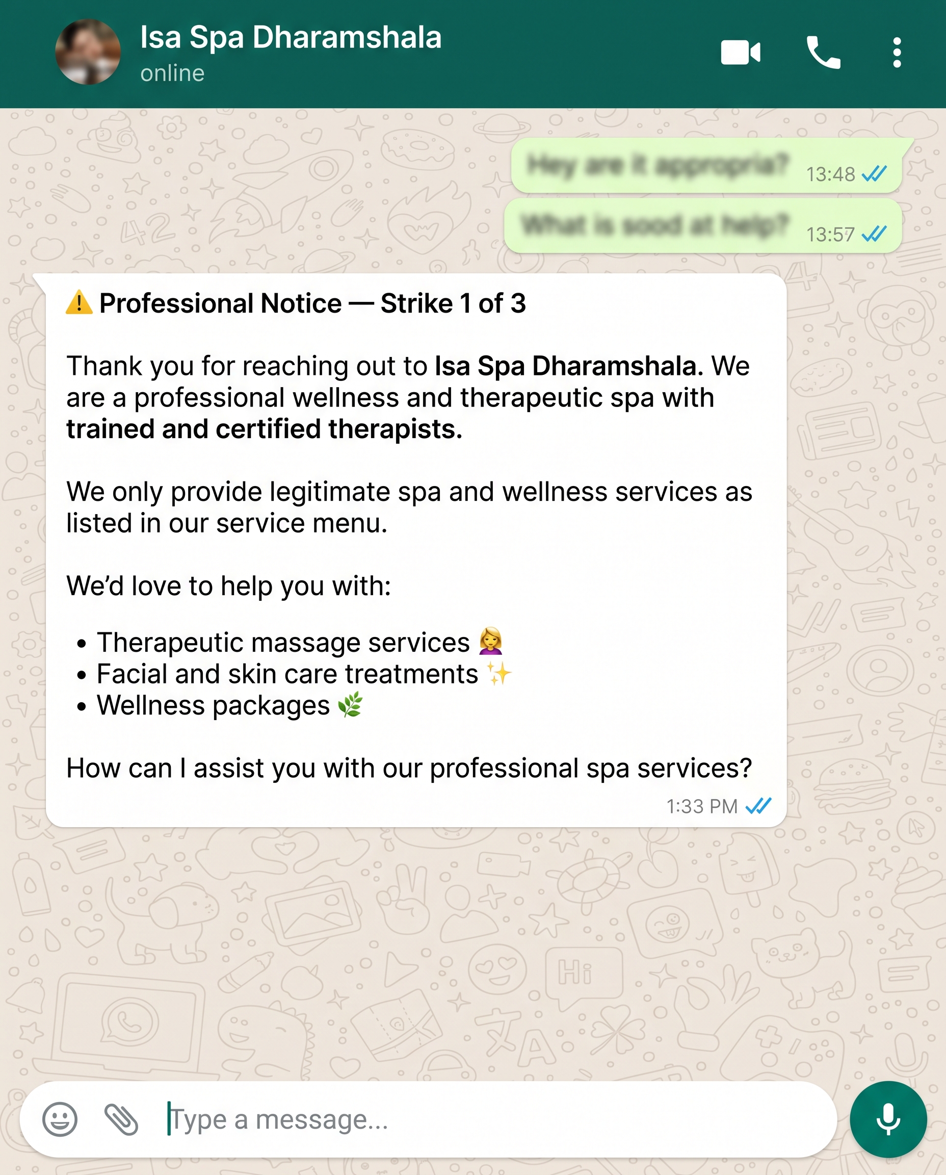 Three warnings, then hand-off to your senior staff. Babot protects your team from inappropriate behaviour.